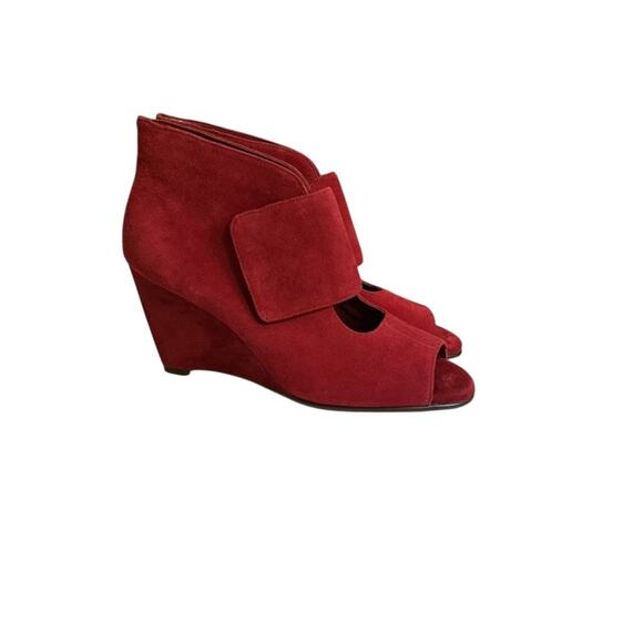 Aerosoles Boots Womens 9.5 M Sound Wave Wedge Ankle Booties Red Leather Peep Toe - Picture 3 of 14